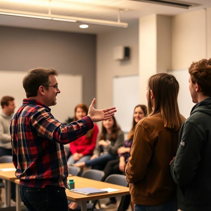 David Meijer geeft les aan een groep studenten in een acteerklas. Hij staat voor de groep en gebaart enthousiast.