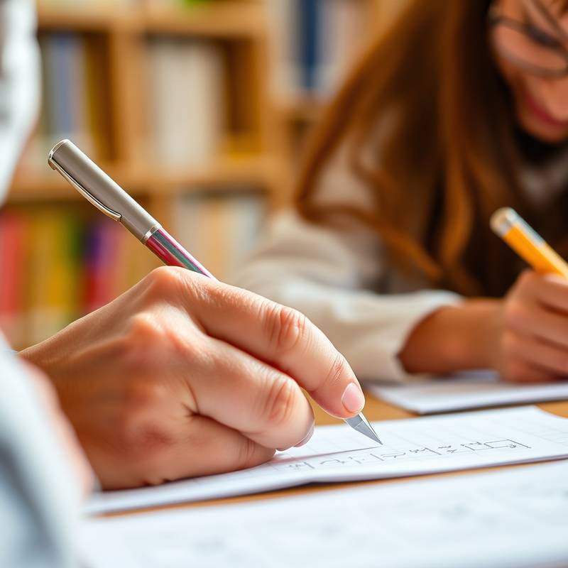 Een close-up foto van de handen van een docent die een student helpt met een script tijdens een les